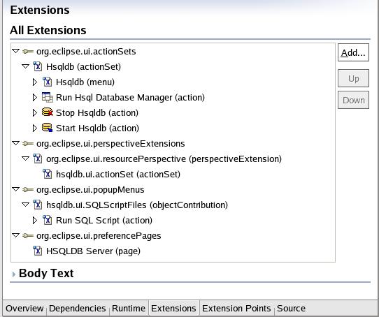 HSQLDB actions on the manifest editor